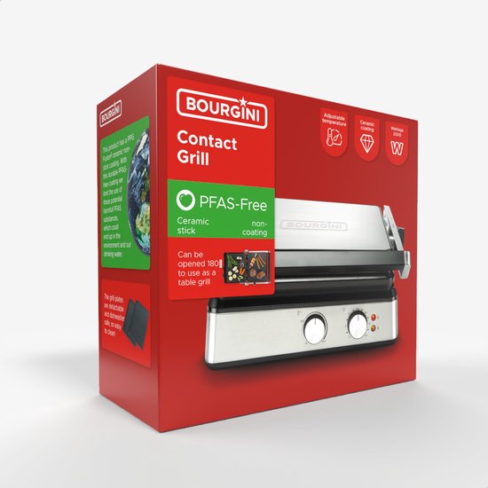 Bourgini - Grille de contact 29cm x 23cm - Appareil à griller Grille à panini et fer à toasti - Revêtement céramique sans PFAS - Grille de contact en acier inoxydable