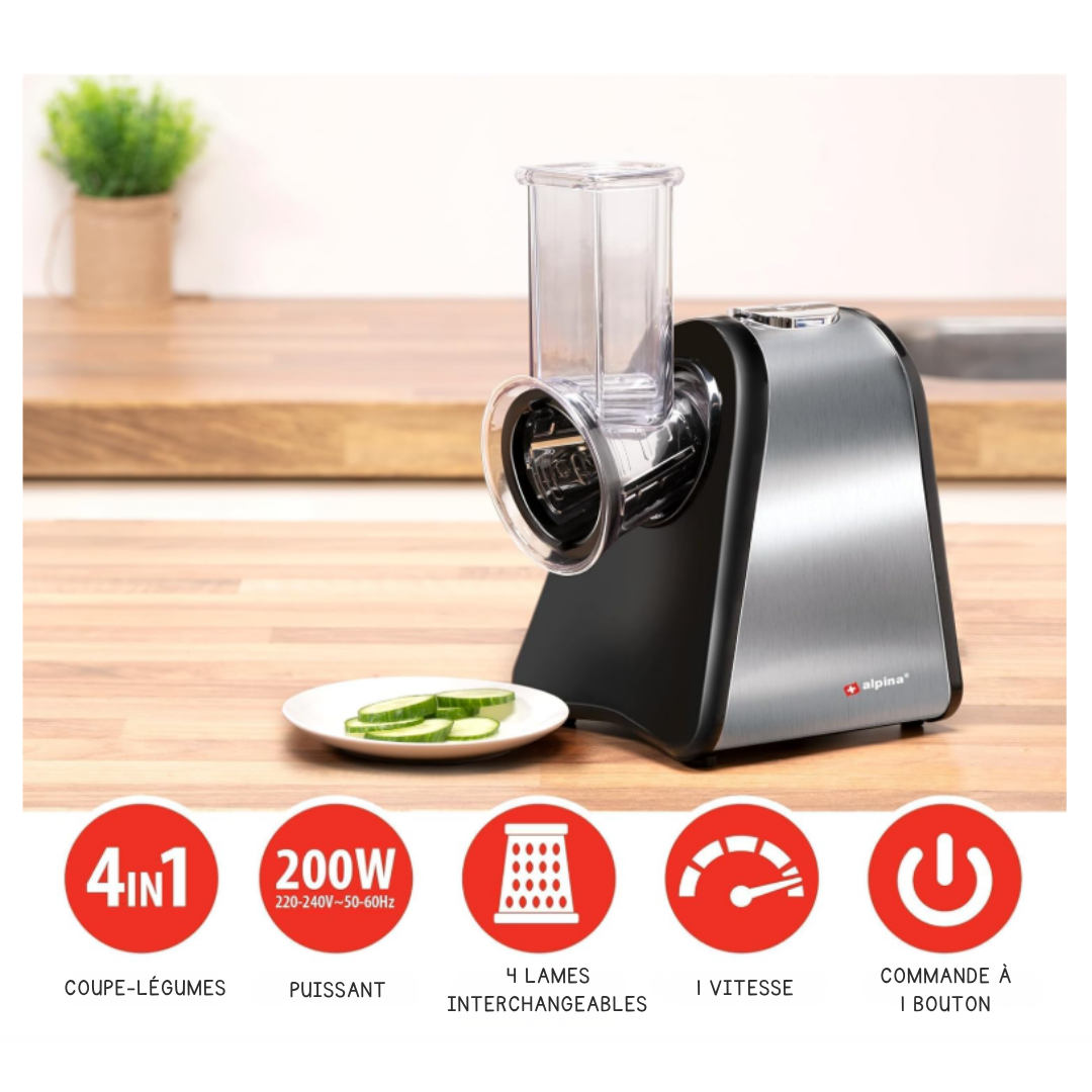Coupe-légumes électrique Alpina - Mandoline - 4 lames en acier inoxydable - 200W - Noir/gris