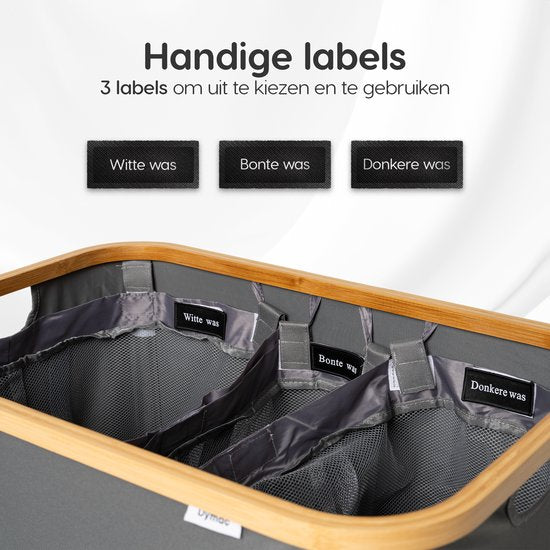 Panier à linge Dymac, 145 Litres, 3 compartiments, Trieur de linge en bambou, Avec 3 sacs à linge amovibles, Gris