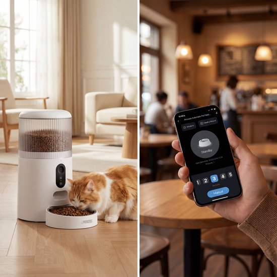 Mangeoire automatique Princess - Smart 4 litres - Chat et chien - Commande via application - Croquettes - Bol en acier inoxydable – Sans BPA – Batterie de secours - Distributeur automatique de nourriture - Distributeur de croquettes - 610040