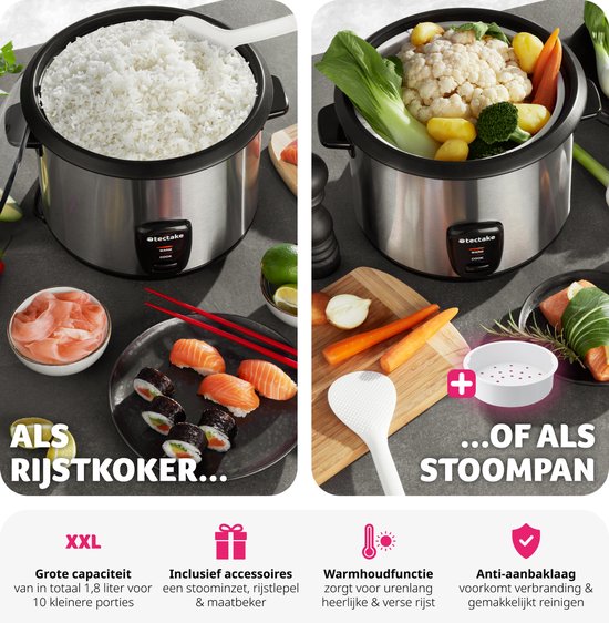tectake® Rice Cooker - Cuiseur vapeur et rice maker avec insert vapeur - Marmite de cuisine grand volume 1,8L - Jusqu'à 10 portions de riz gluant, de riz complet ou de riz pour sushi