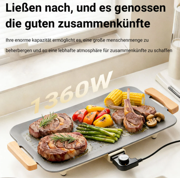 Grill électrique Woox en aluminium - 56 x 26 x 7,5 cm - 1 360 W avec revêtement antiadhésif