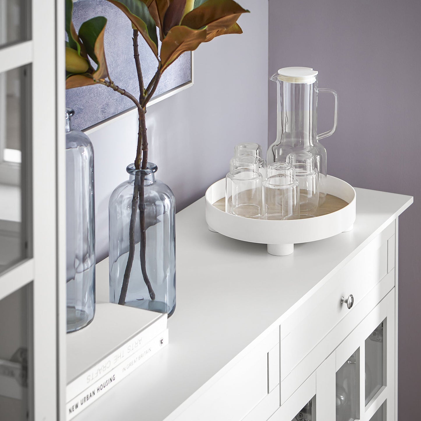 SoBuy Meuble de cuisine Buffet Meuble de rangement latéral avec 3 portes en verre et 2 tiroirs, 90x40x90 cm, blanc