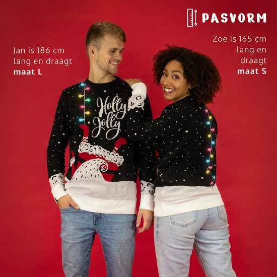 Pull de Noël JAP avec guirlande lumineuse (taille XL) - 100 % recyclé - Ne gratte pas - Cadeau de Noël pour adultes - Pull de Noël kitsch pour femmes et hommes - Holly Jolly - Noir