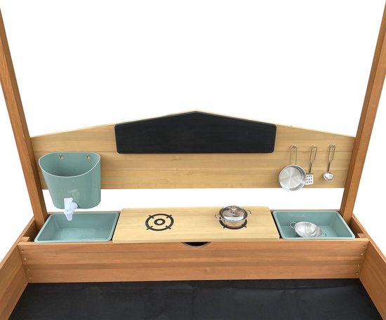 AXI Meli Bac à sable et maisonnette 120 x 120 cm avec cuisine jouet – Marron – Avec toit – Bois FSC – Avec tableau noir, réservoir d'eau et set de cuisine jouet 6 pièces – Avec 2 bancs - Toile de protection incluse – Garantie de 10 ans