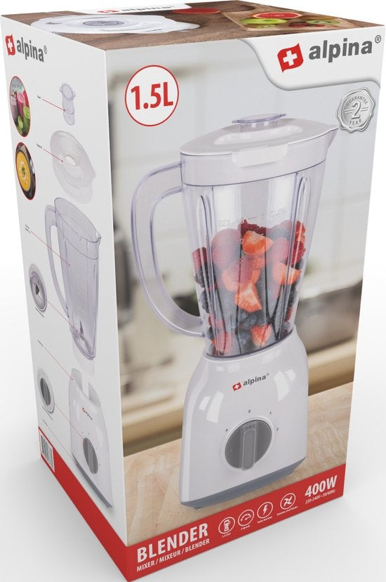 alpina Blender - 1,5 Litre - 400 Watt - Fonction Turbo - Bol en plastique - Blanc