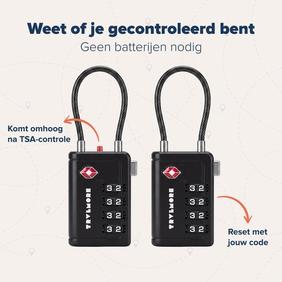 TRVLMORE Cadenas de valise avec câble - Certifié TSA - Fonction alarme - 4 chiffres - Lot de 2 - Noir