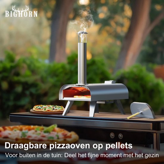 Four à pizza BIGHORN à granulés - Four à pizza d'extérieur - Four à pizza portable - Pliable - Acier inoxydable - 15 kg - 460 °