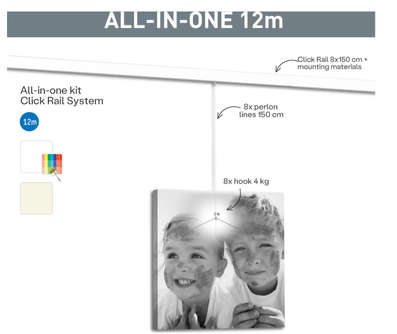 Système d'accrochage pour photos et tableaux Artiteq Click Rail - 12 mètres de rails - 8 x 150 cm - Apprêt blanc - Fils en Perlon et crochets inclus - Système de fixation murale