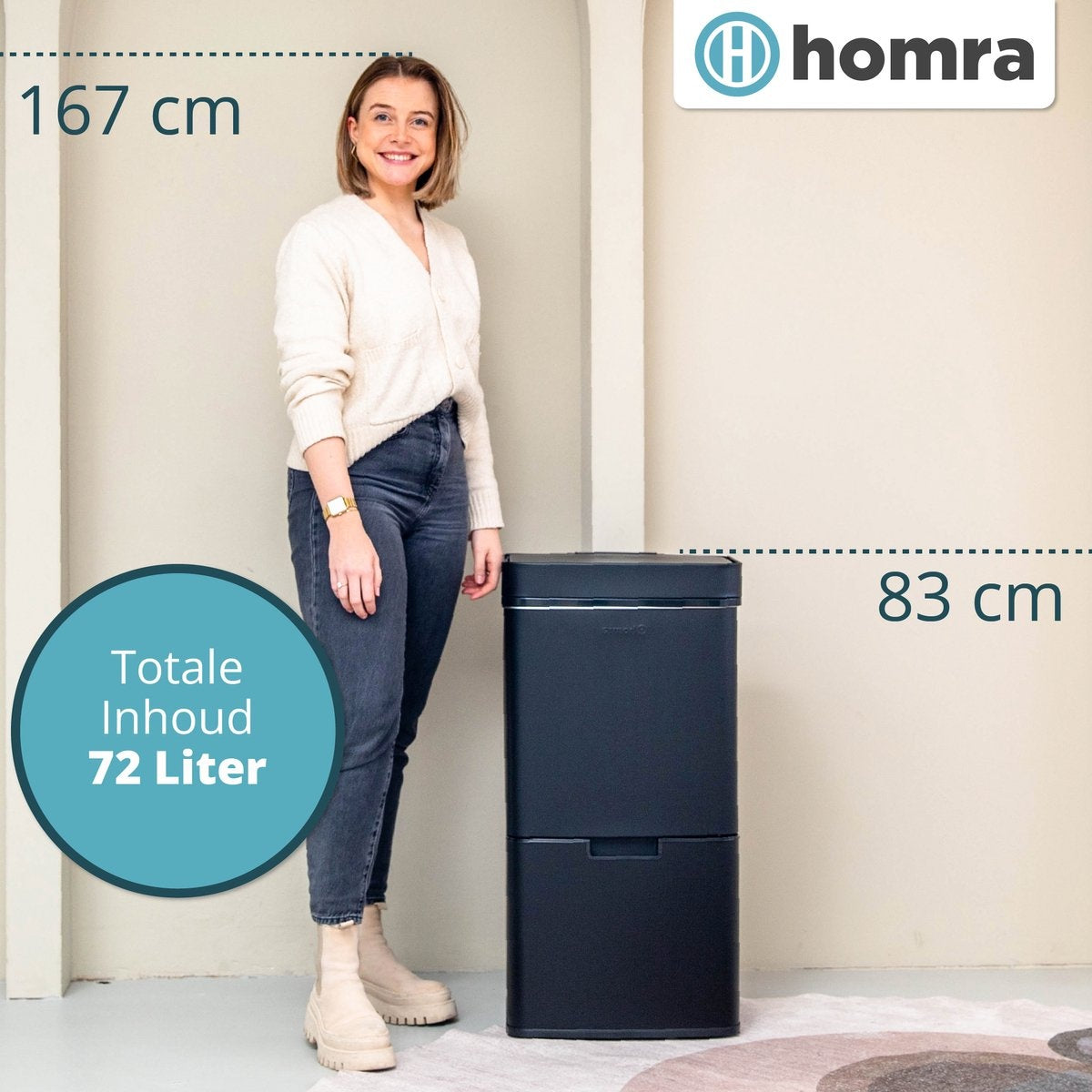 Homra NEXO Waste Separation Sensor Bin Black 72 litres - 3 compartiments - 2x12L + 48L - Capteur infrarouge