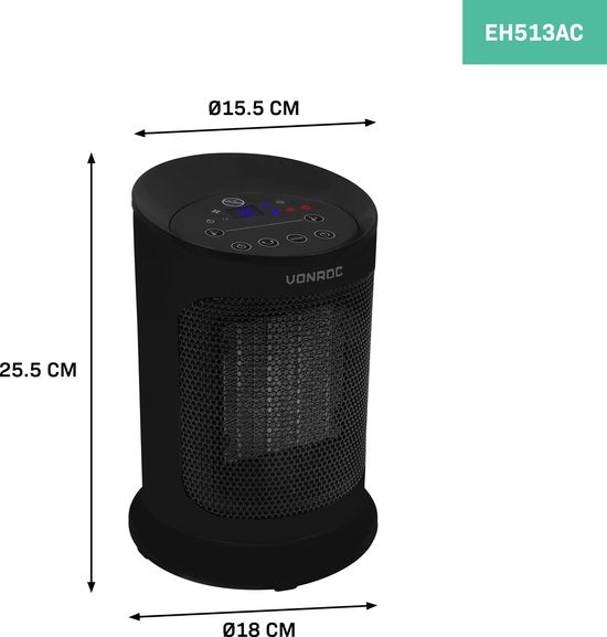 VONROC Chauffage électrique - chauffage soufflant - 1200W/1800W - céramique - 3 réglages - thermostat - minuterie - affichage LED - fonction swing - télécommande incluse - 20m2