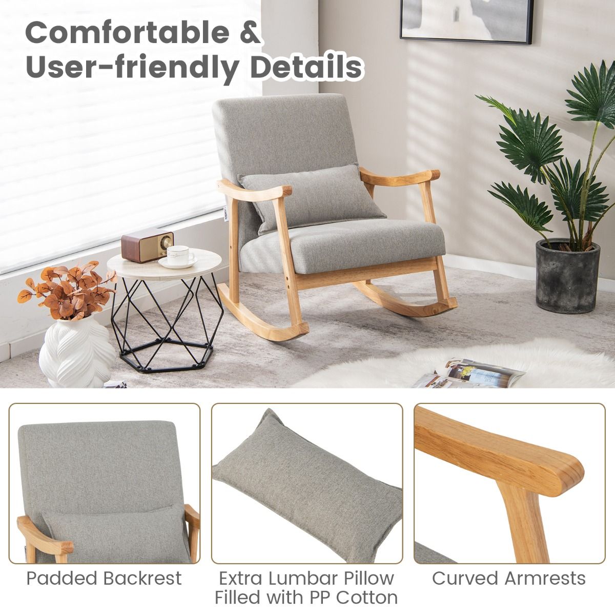 Fauteuil à bascule Coast - dossier haut - assise rembourrée - gris
