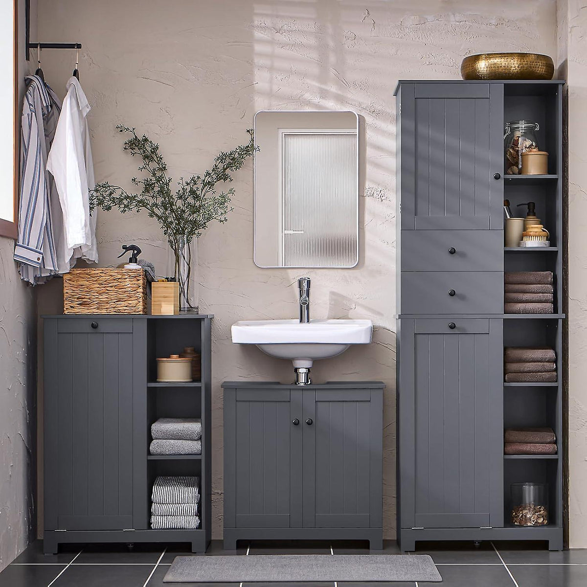Sobuy Armoire de salle de bain avec panier à linge - Noir - 60x37x170 cm