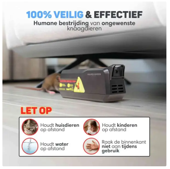 Vulpes Goods® - Mini piège à souris électrique - 18,8 x 8 x 6 cm - équipé d'une tension de choc de 1800 V et d'une double alimentation, d'un indicateur LED et d'un buzzer - pour l'intérieur et la cuisine - plastique ABS noir