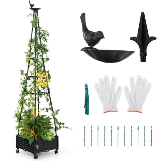 Tuteur Coast avec jardinière, noir – Obélisque de jardin mobile avec treillis et roulettes – 41 x 41 x 206 cm