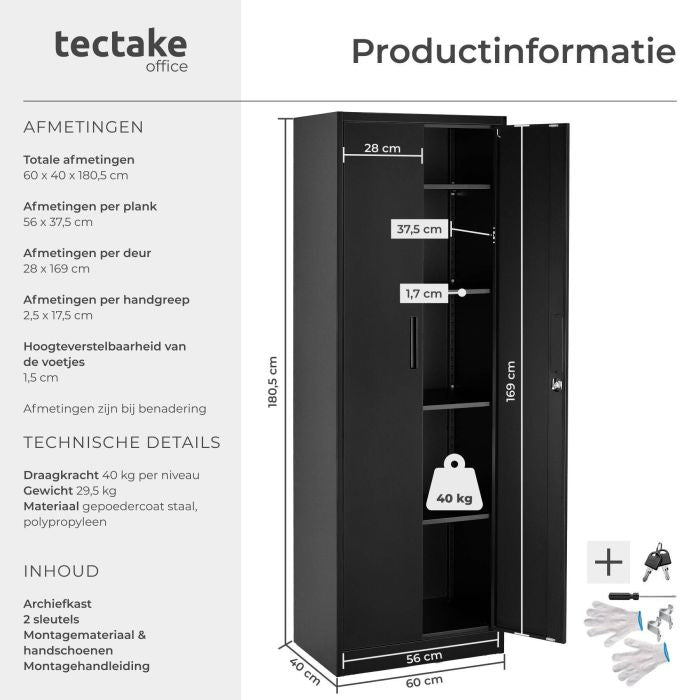 Armoire d'archivage Brandon de tectake – Acier thermolaqué – 60 x 40 x 180,5 cm – Noir