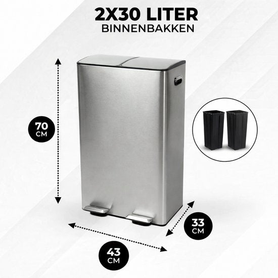 Bayt Poubelle - Poubelle 60 litres (2x30) - Poubelle 60 litres - Poubelle à pédale 60 litres - Poubelle Séparation des déchets - Poubelle 2 compartiments - Poubelle - Acier inoxydable - Argent