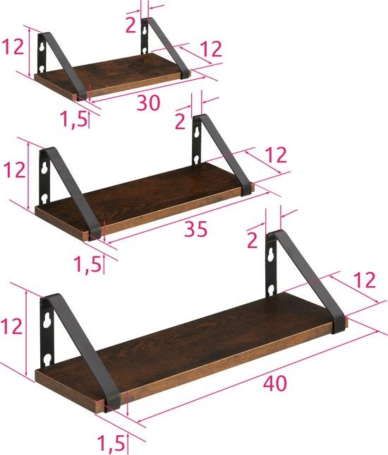 tectake® - 3 Etagères murales Cowell industrial dark brown - 404429