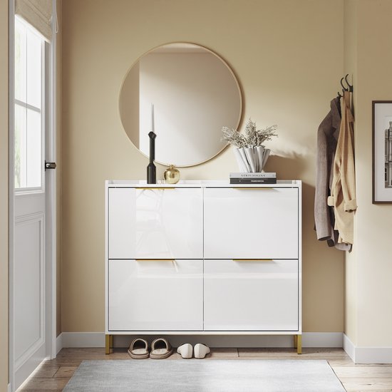 SoBuy FSR206-GW Shoe Cabinet Entrance - Ultrathin 19 cm - High Gloss White and Gold - Pour hall d'entrée, couloir, petit espace, avec protection contre l'inclinaison et protection du sol - 100x19x88.5 cm