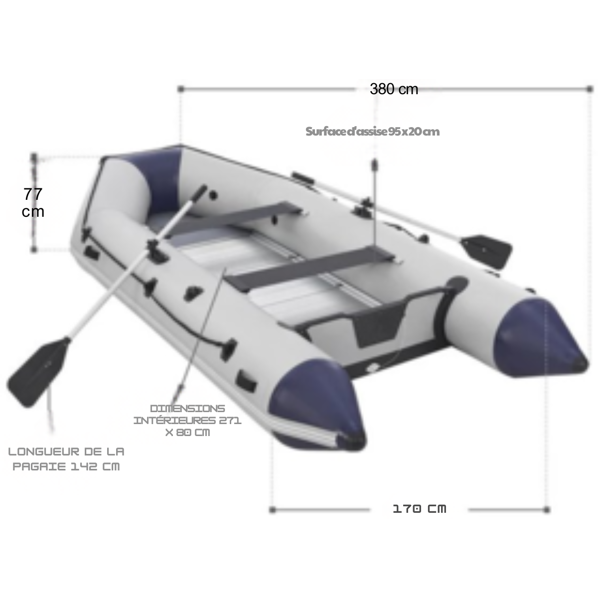 Bateau gonflable- 2 banquettes - Gris - 2 pagaies incluses