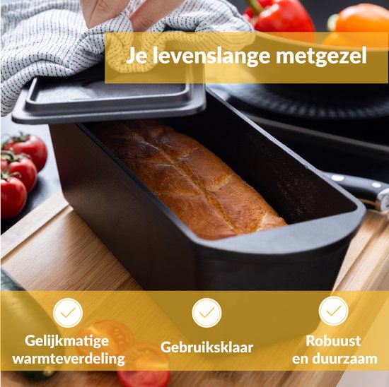 Chefarone Gietijzeren Broodvorm – Broodbakvorm – Bakvorm - Cakevorm Rechthoek - Ambacht Brood Bakken uit eigen Oven– Inclusief Deksel, Spatel en Rijsmand - 35 x 13,5 x 12,5 cm