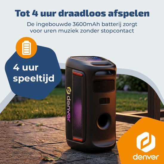 Enceinte Bluetooth Denver Party Box - Lumières disco - Party Box - Microphone inclus - Haut-parleur - BPS370