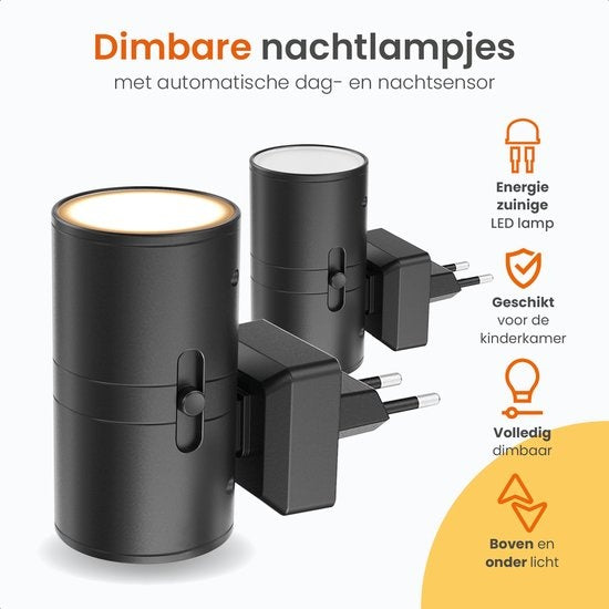 Goliving Night Light Socket - 2 pièces - Plug Lights - 10.7 x 9.3 cm - Adultes - Eclairage supérieur et inférieur - Dimmable - Détecteur Jour et Nuit - Plug Light - Noir