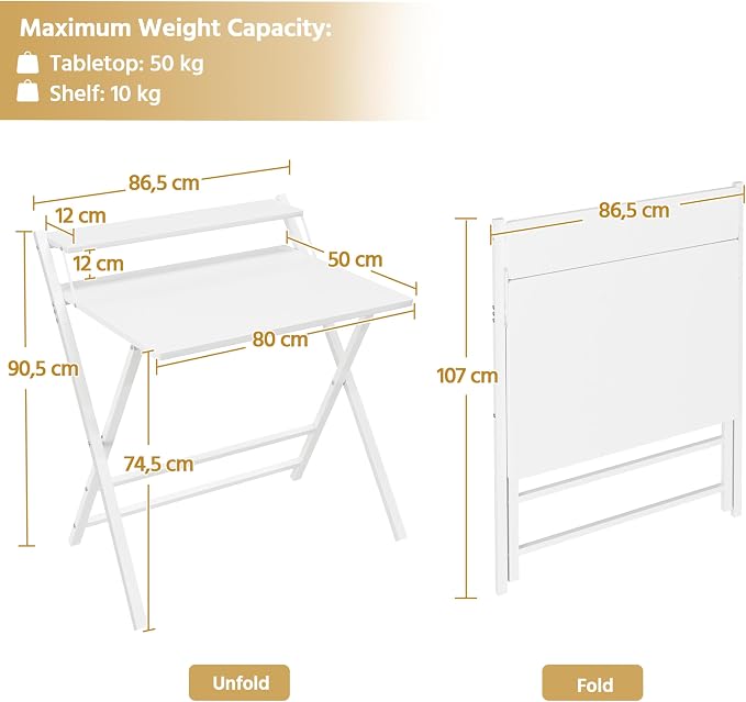 Bureau pliable Yaheetech 80 x 50 cm - Blanc - Bureau d'ordinateur avec support d'écran et étagère de rangement