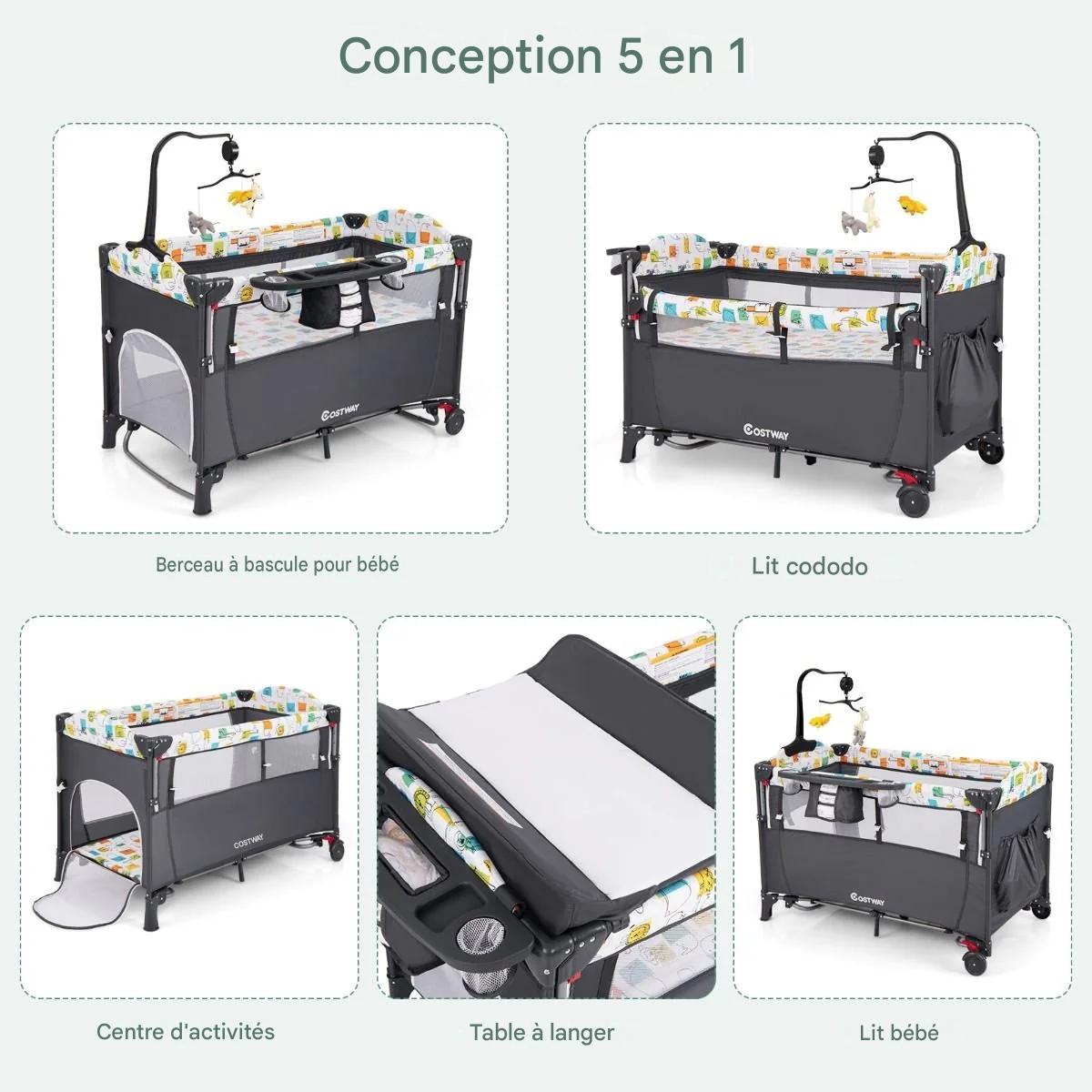 Lit de bébé multifonction Coast - 76 x 108.5 x 83 cm - Gris