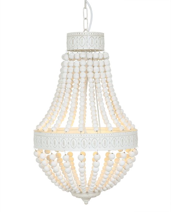 Suspension Ella 10191W - Lampe tendance à perles blanches en bois et métal, hauteur réglable de 70 à 155 cm - Marque : Mexlite