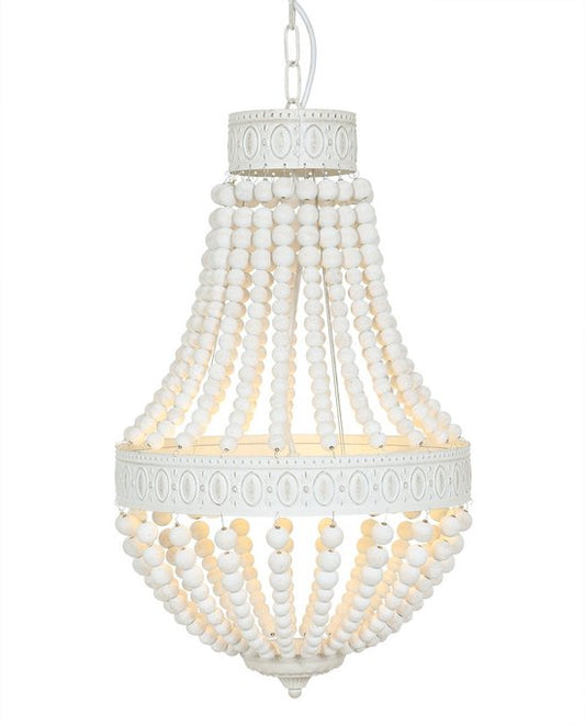 Suspension Ella 10191W - Lampe tendance à perles blanches en bois et métal, hauteur réglable de 70 à 155 cm - Marque : Mexlite