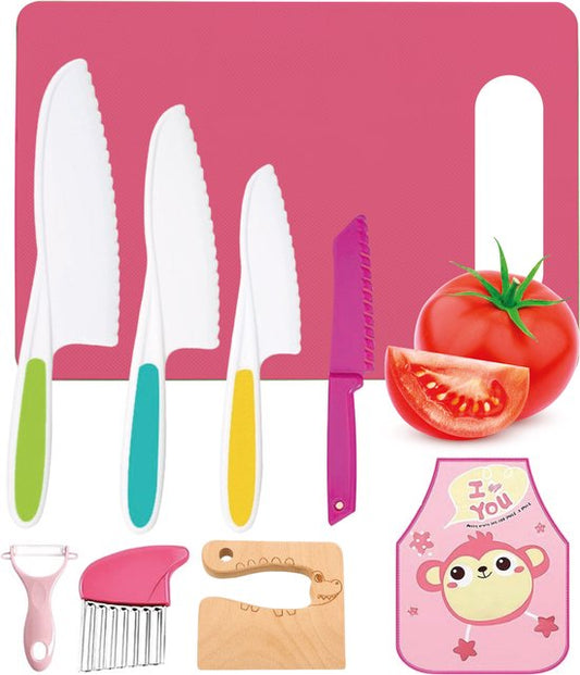 Qwali XL Montessori Children's Knife Set - 9 Piece - incl. cutting board and apron - Safe - Cooking - Cutlery Knife - Knives for kids - Kitchen knife