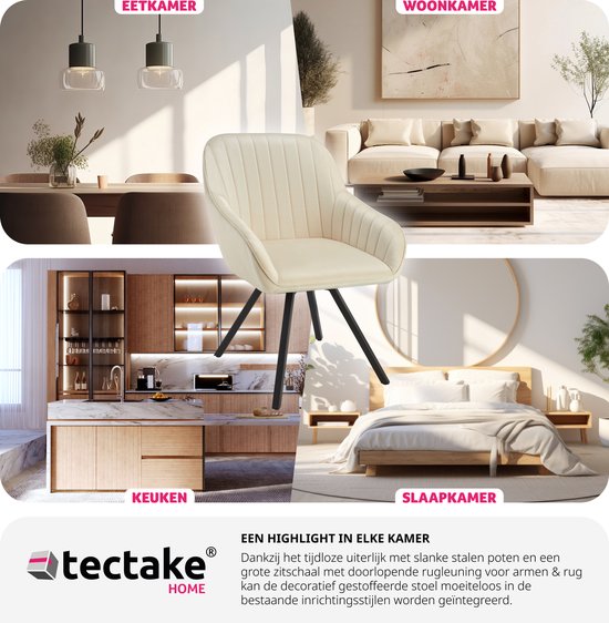 tectake - Chaise de salle à manger pivotante avec accoudoirs - Revêtement en velours - Rembourrée - Crème