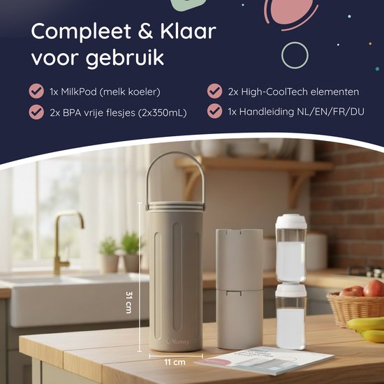 Refroidisseur de lait Numsy pour les déplacements - Refroidisseur de lait maternel portable - Refroidissement pendant 24 heures - Acier inoxydable 750 ml - Sans condensation - Avec 2 biberons de 350 ml sans BPA - Étanche