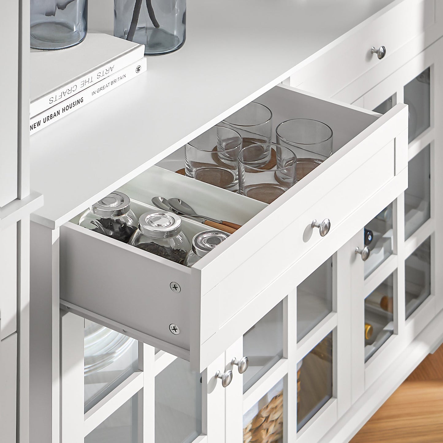 SoBuy Meuble de cuisine Buffet Meuble de rangement latéral avec 3 portes en verre et 2 tiroirs, 90x40x90 cm, blanc
