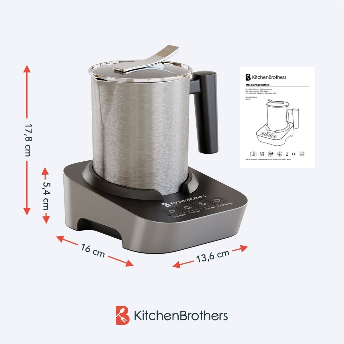 KitchenBrothers - Mousseur à lait électrique - Lavable au lave-vaisselle - 4-en-1 - 400 ML - Acier inoxydable/Noir