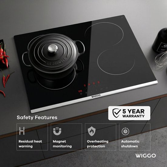 Wiggo WH-E614G(B) - Table de cuisson à induction encastrable - 60 cm - 4 zones de cuisson - Commande par curseur - Monophasé, sans fiche - Garantie 5 ans - Noir