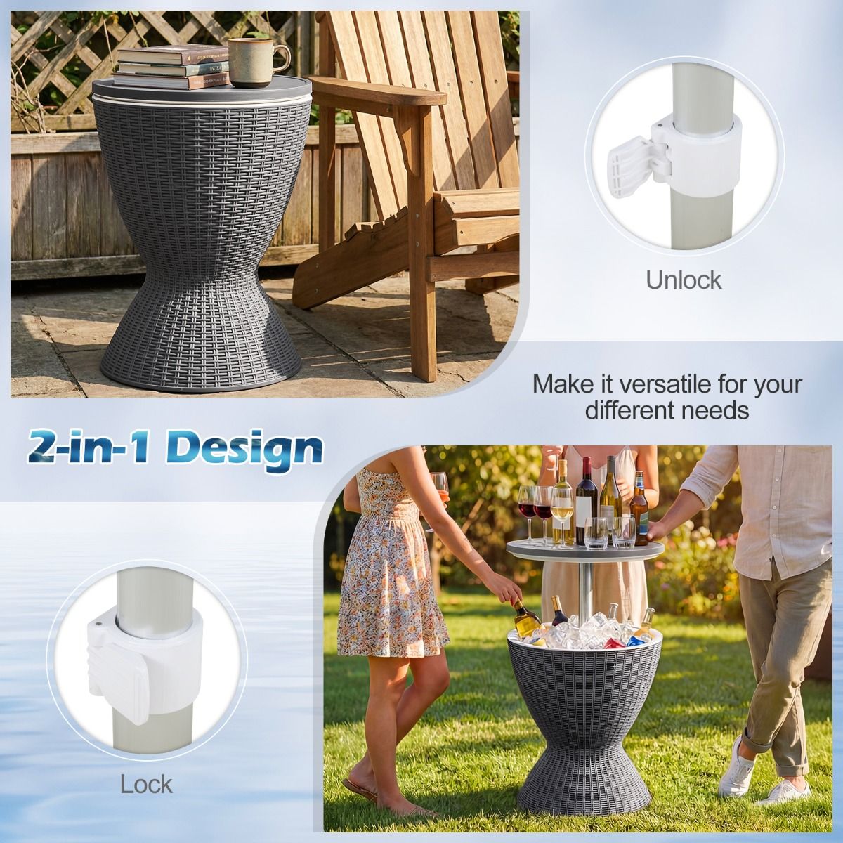 Refroidisseur à vin Coast 30 L avec plateau coulissant – Réglable de 57,5 à 82 cm – Aspect rotin – Gris