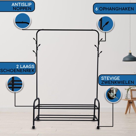 Vonia Rack à vêtements 157 x 34 x 105 cm - Rack à vêtements sur roulettes - Rack à vêtements avec porte-chaussures - Rack à vêtements en métal - Rack de penderie - Noir