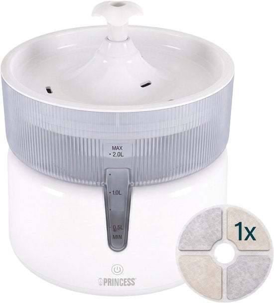 Abreuvoir Princess pour chat - 2 litres – Filtration à 4 niveaux – Silencieux (30 dB) – Sans BPA – Pompe sans fil – Filtre inclus - Chats et chiens - Facile à nettoyer - 620010