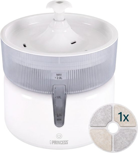 Abreuvoir Princess pour chat - 2 litres – Filtration à 4 niveaux – Silencieux (30 dB) – Sans BPA – Pompe sans fil – Filtre inclus - Chats et chiens - Facile à nettoyer - 620010