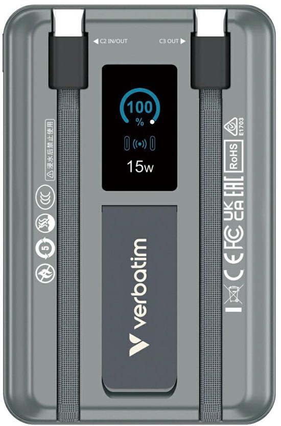 Powerbank Verbatim 10 000 mAh Charge N Go avec support magnétique, recharge sans fil et écran TFT
