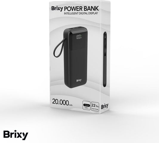 Brixy Powerbank - 20 000 mAh - Chargement rapide 22,5 W - Affichage LED - USB-A/USB-C - Pour iPhone et Samsung, entre autres - Noir