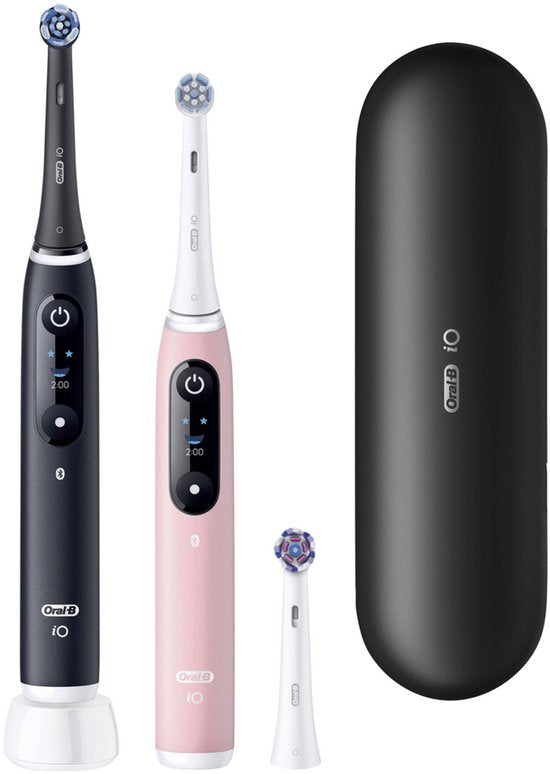 Brosse à dents électrique Oral-B iO 6, lot de deux - Noir et rose - 3 têtes de brosse - Étui de voyage haut de gamme