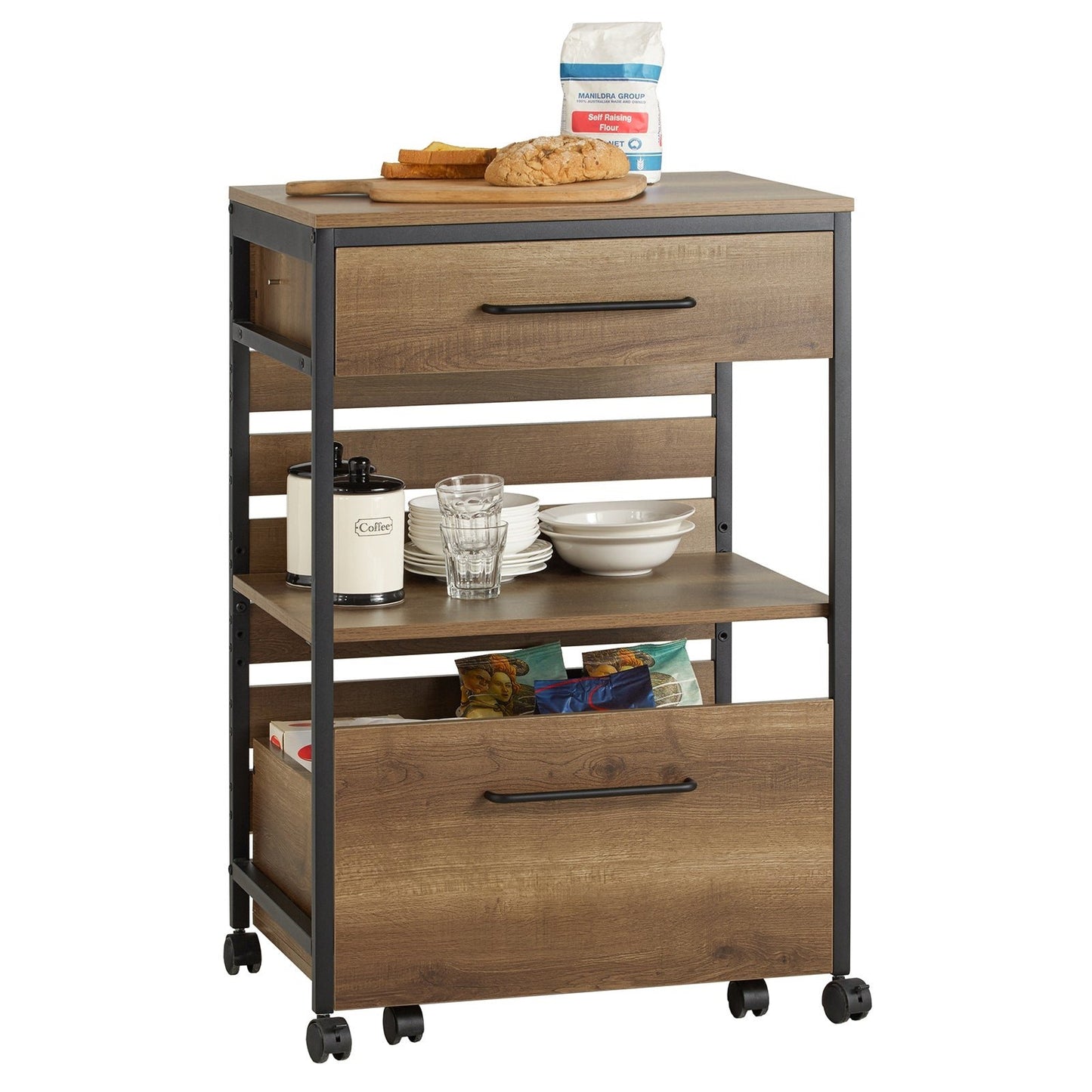 SoBuy Chariot de cuisine avec 1 étagère et 2 tiroirs - Max. 63KG - 60 x 45 x 90 cm - Couleur bois