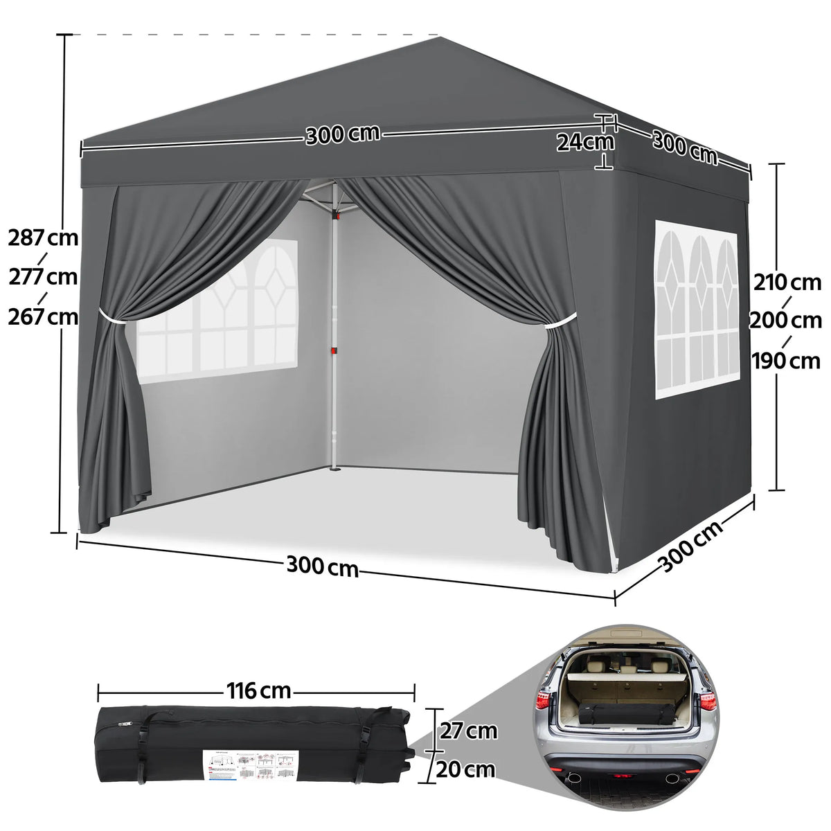 Pavillon pliable Yaheetech 3 x 3 m - Réglable de 267 à 287 cm - 4 parois latérales - Protection UV 50+ - Imperméable - Gris foncé