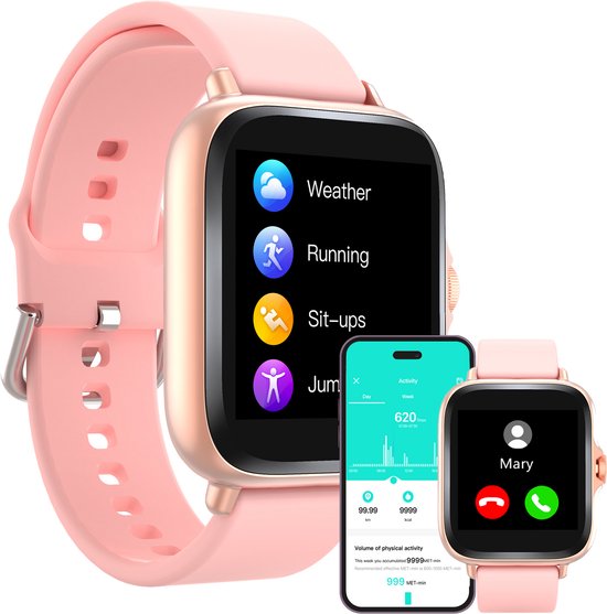 Denver Smartwatch Dames et Hommes - Android & iOS - Fonction complète - Montre sport - Moniteur de fréquence cardiaque - Podomètre - Moniteur de sommeil - Activité des médias sociaux - SWC156 - Rose