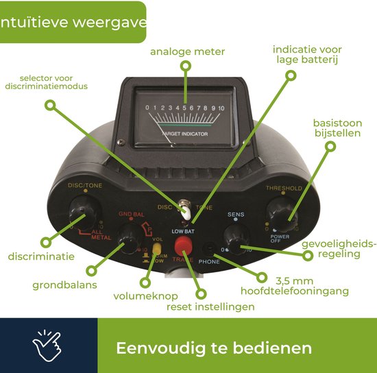 Velleman Détecteur de métaux pour adultes et enfants, bobine de recherche étanche 22 cm, compteur analogique, profondeur de recherche 20 cm, hauteur réglable, accoudoir, chasseur de trésor, détecteur d'argent et d'or