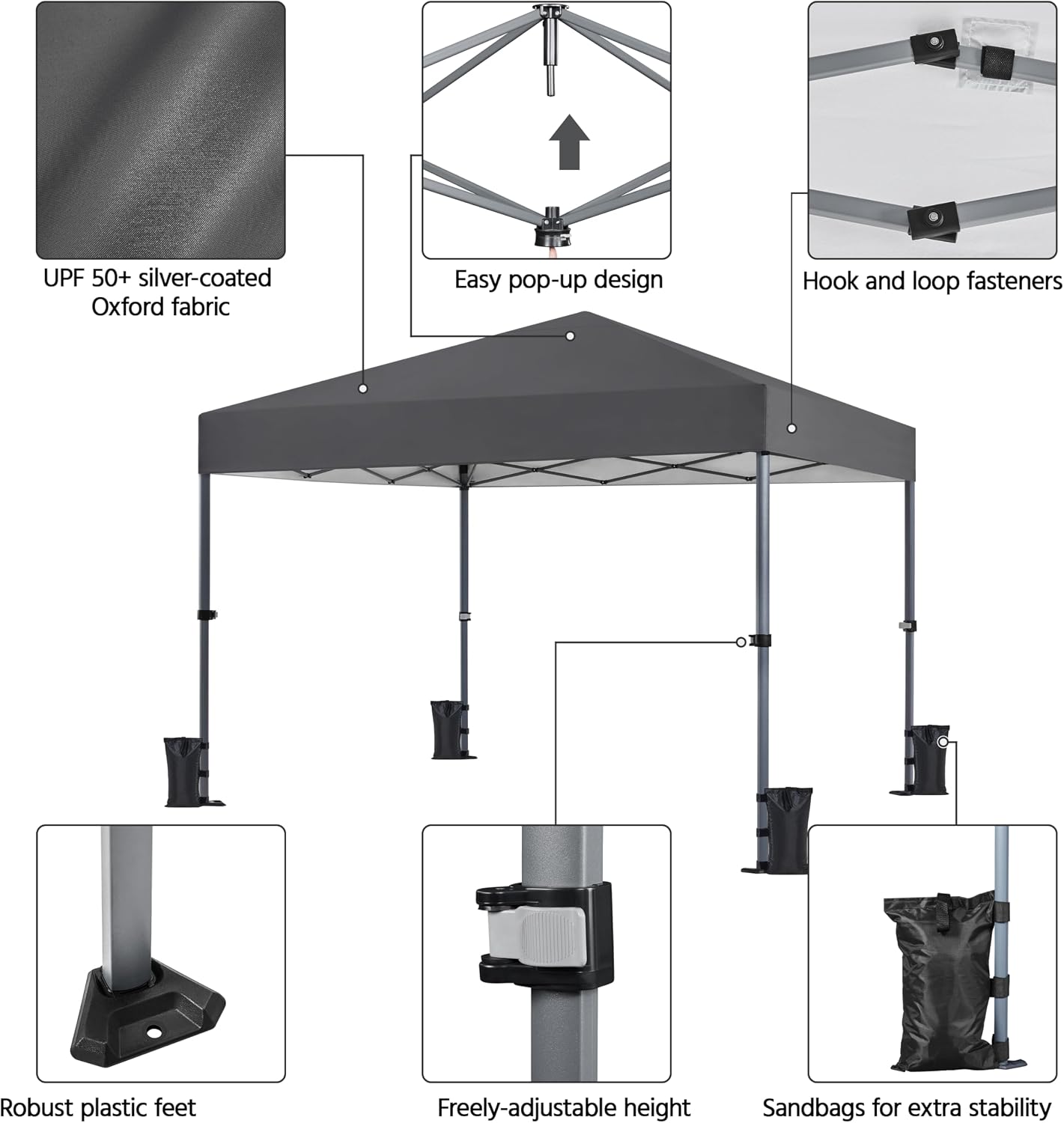 Pavillon pliable Yaheetech 3 x 3 m, gris foncé - Imperméable - Protection UV 50+ - S’accompagne de piquets, de sacs de sable et d’un sac de transport