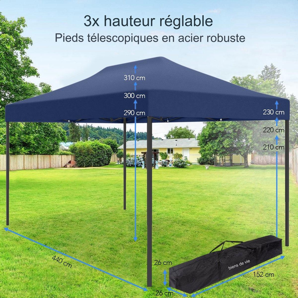 Tente de réception, LifeGoods, 3x4.5 m, Facile à monter, Pliable, Imperméable - Sac de transport à roulettes - Bleu foncé